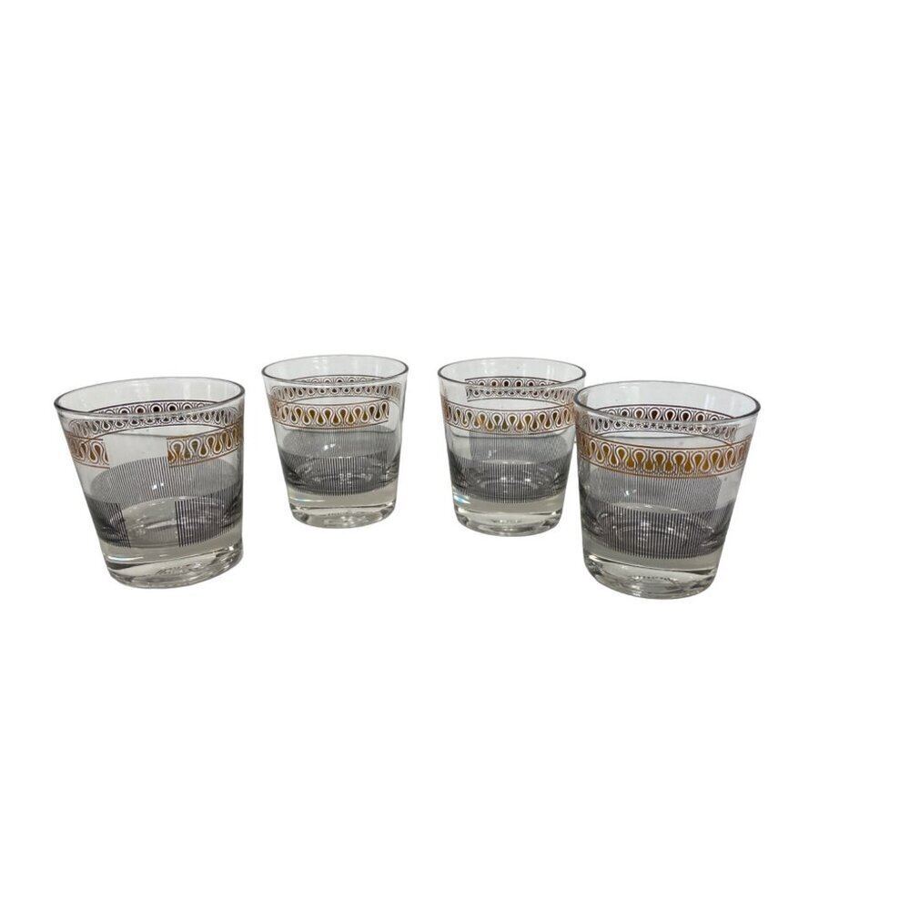 Rocks Glass Dominion Gold Swirl Black Line MCM Vintage SET OF‎ 4
